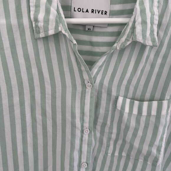 Lola River Women XL Cotton-like Shirt, Blouse, Button, Green Stripes Casual Boxy - Picture 3 of 6